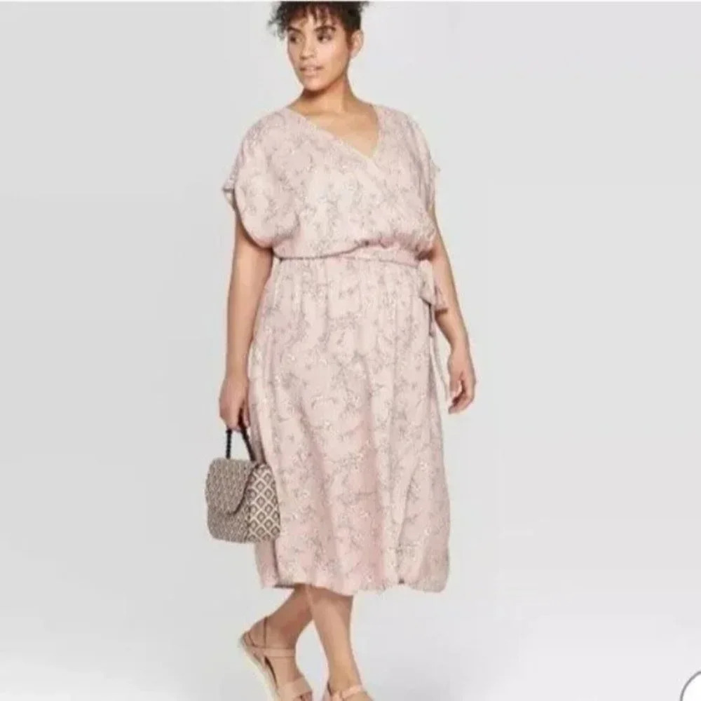 Ava & Viv Pink Floral Flutter Sleeves Tie Waist Crossover Dress in Size 3X